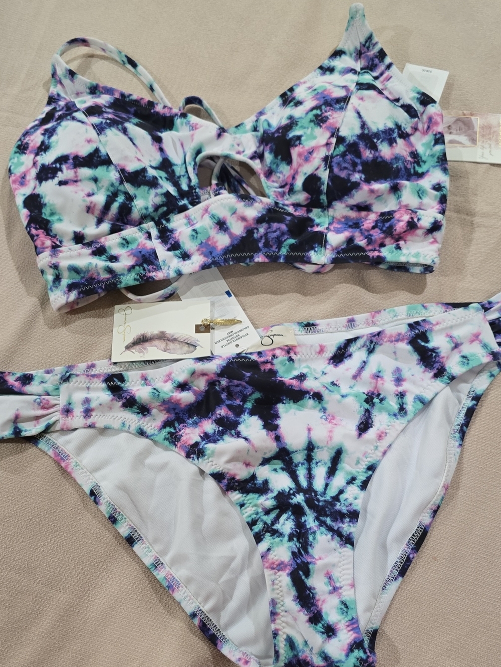 NWT-Jessica Simpson Tie-Dye Bikini Set - Black, Purple, Pink, Teal